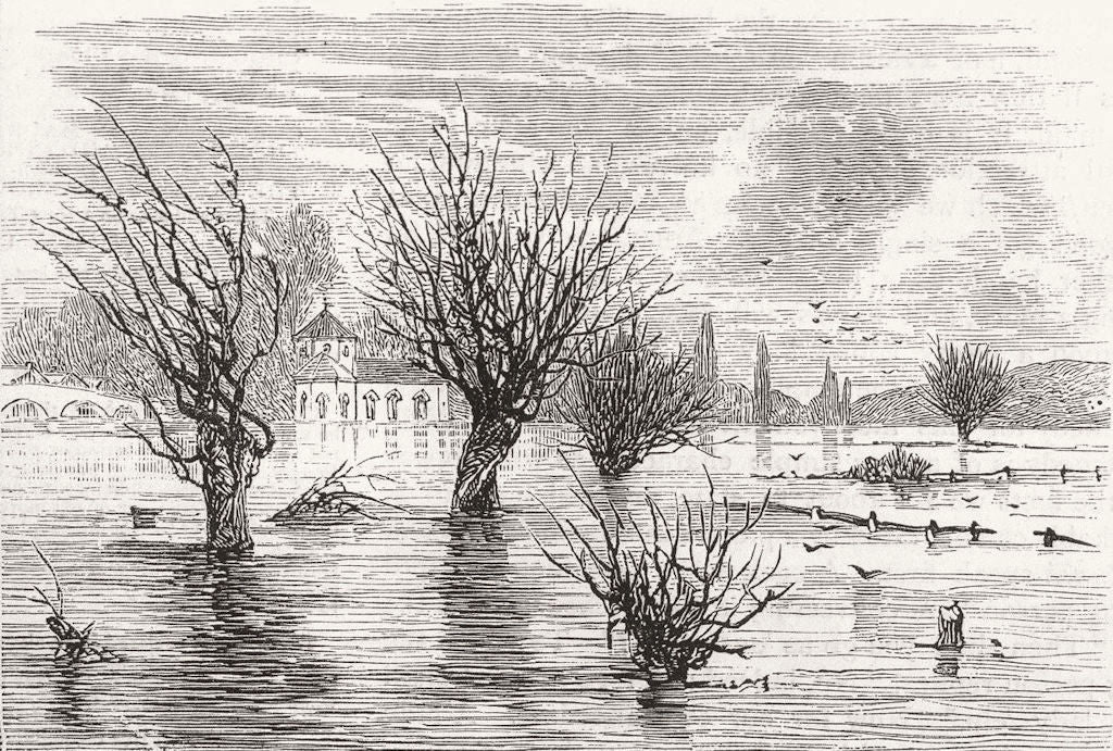 OXON. Floods. St Frideswide's Church, Oxford 1875 old antique print picture